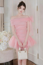 Ellen Off-Shoulder Mesh Tulle Tutu Mini Dress in Pink Avalabel