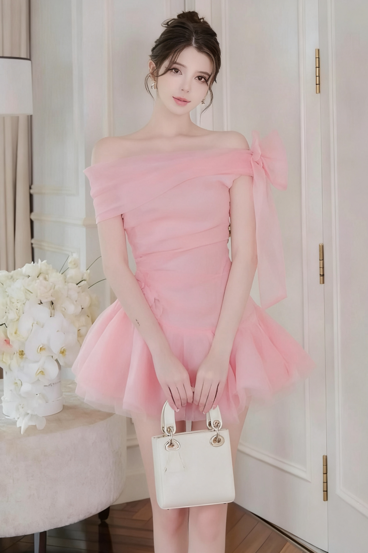 Ellen Off-Shoulder Mesh Tulle Tutu Mini Dress in Pink Avalabel