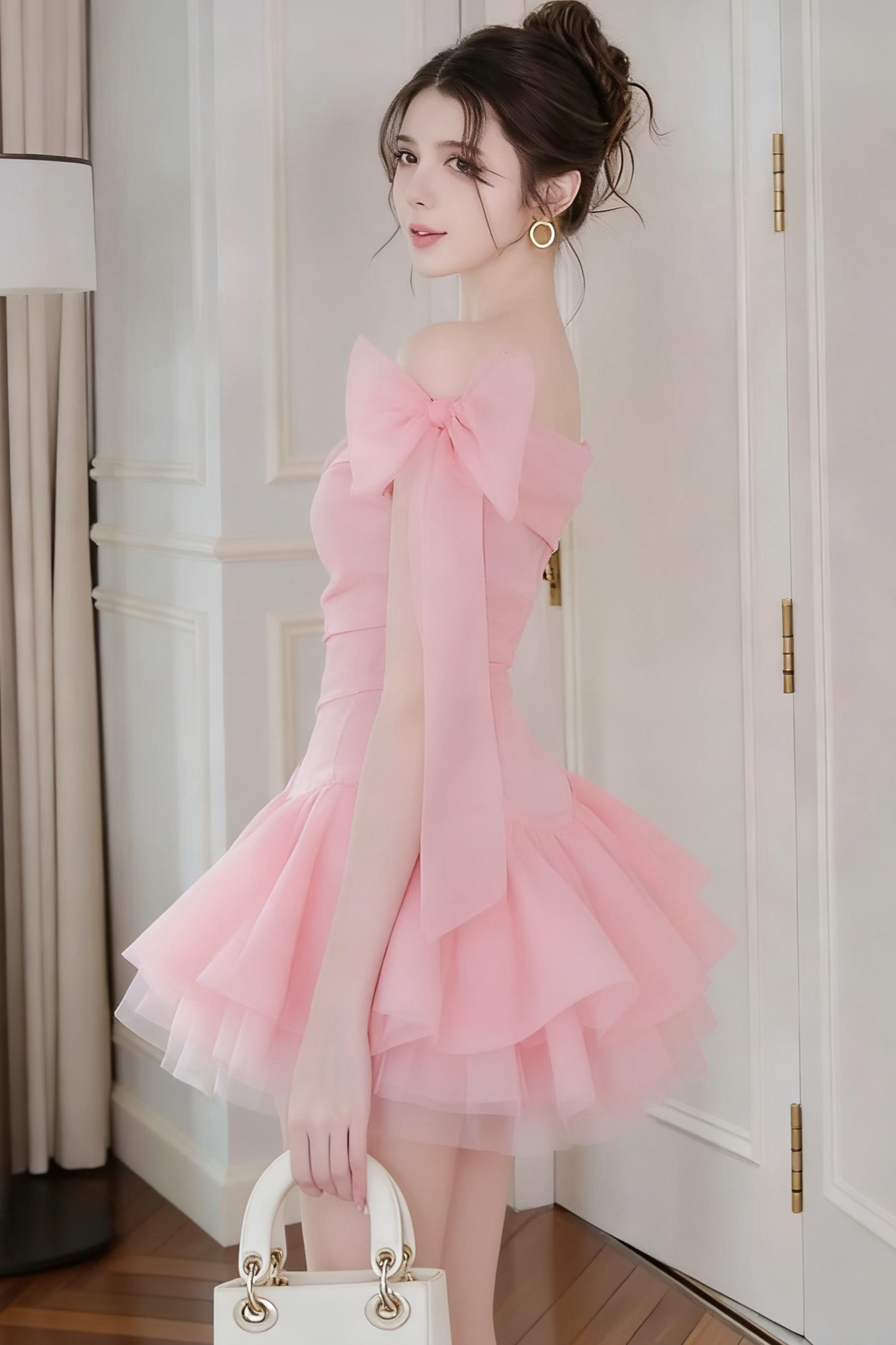 Ellen Off-Shoulder Mesh Tulle Tutu Mini Dress in Pink Avalabel