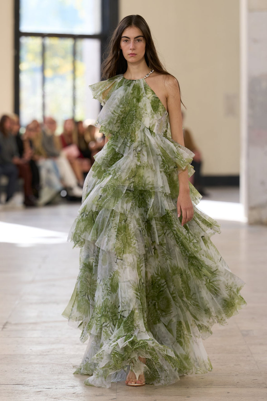 Claire Green Floral Print Pleated Layer Maxi Dress Avalabel