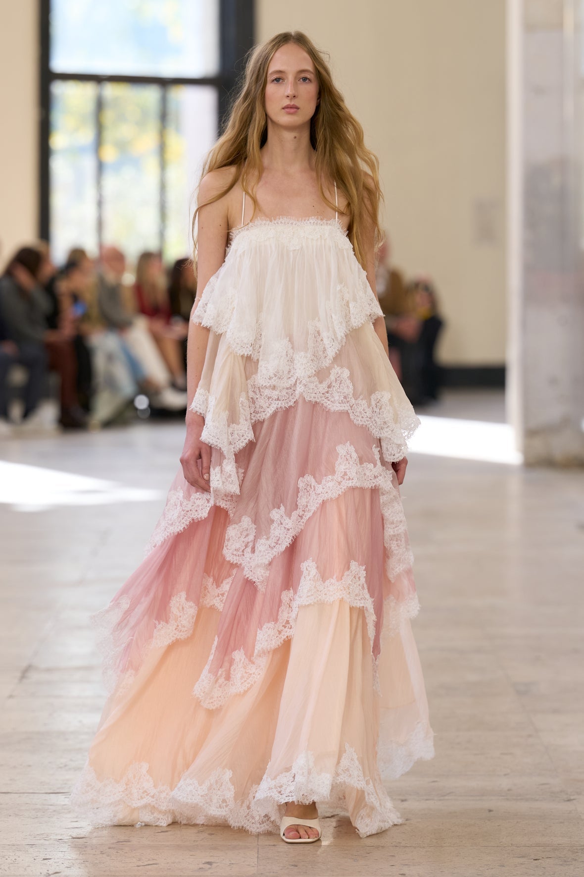 Flowy Spaghetti Strap Tiered Lace Trim Maxi Dress Avalabel