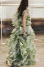 Claire Green Floral Print Pleated Layer Maxi Dress Avalabel