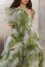 Claire Green Floral Print Pleated Layer Maxi Dress Avalabel