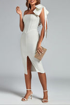 Bow One-Shoulder Slit Midi Dress in White Avalabel