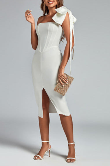 Bow One-Shoulder Slit Midi Dress in White Avalabel