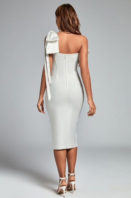 Bow One-Shoulder Slit Midi Dress in White Avalabel