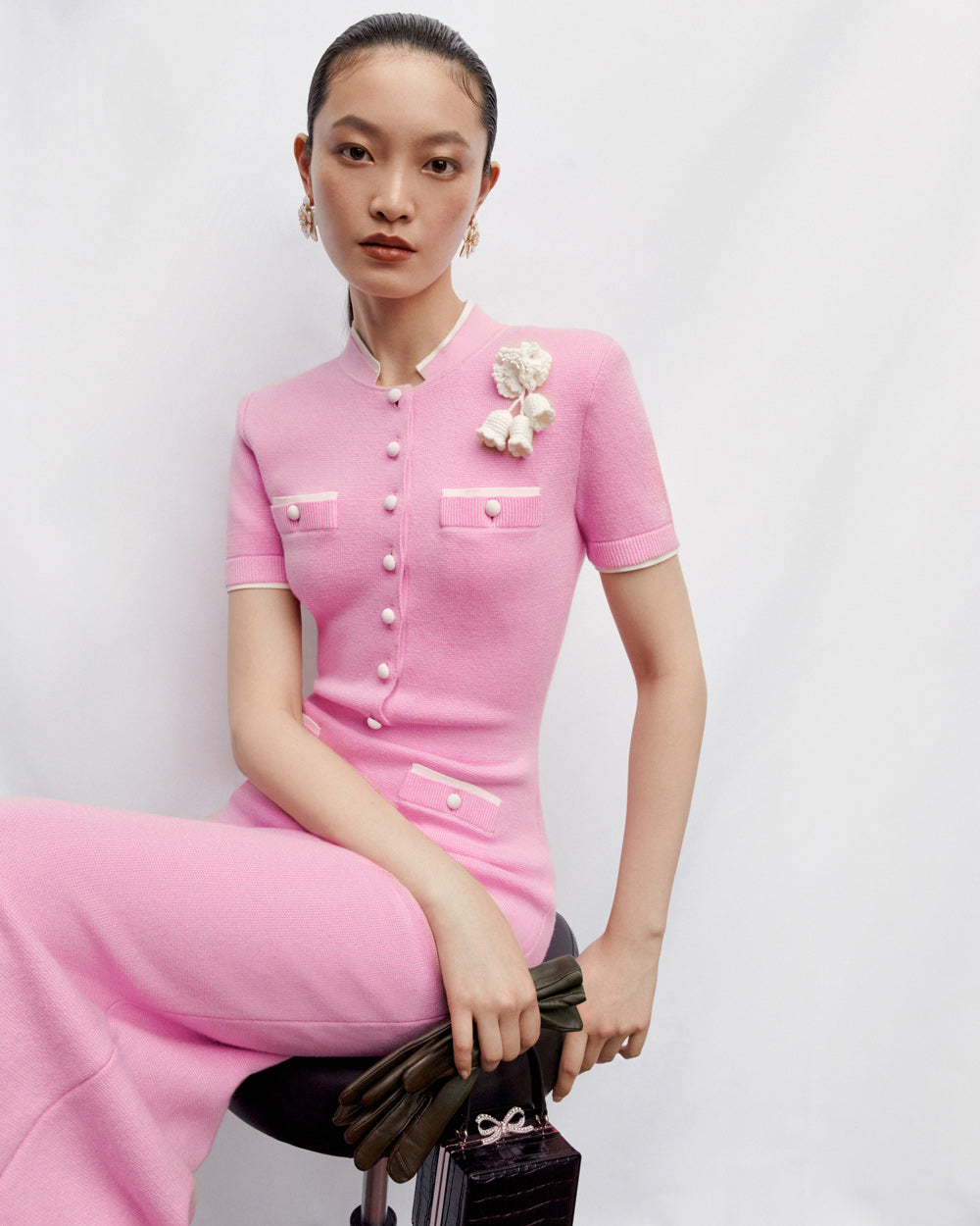 Yvette Pink Crochet Flower Knit Midi Dress Avalabel