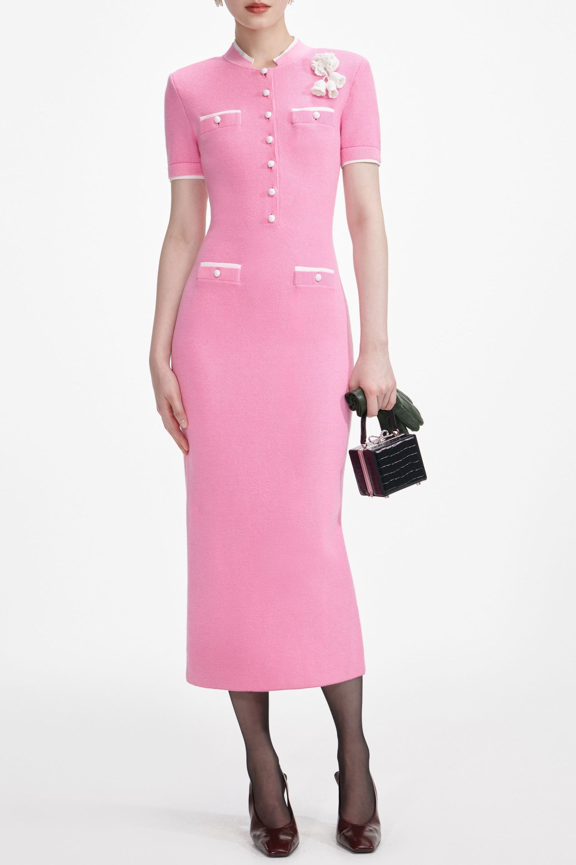 Yvette Pink Crochet Flower Knit Midi Dress Avalabel
