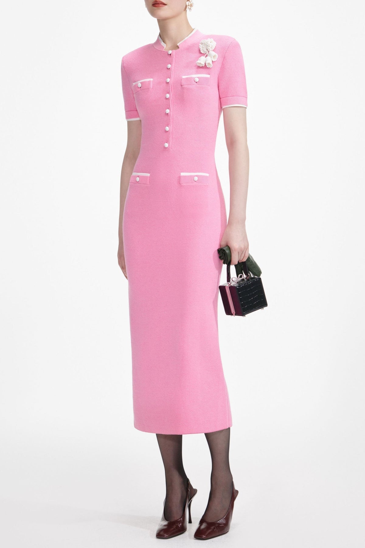 Yvette Pink Crochet Flower Knit Midi Dress Avalabel
