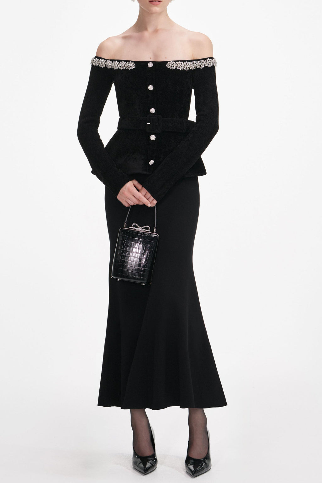 Xaviera Black Chenille Knit Crystal Trim Midi Dress Avalabel