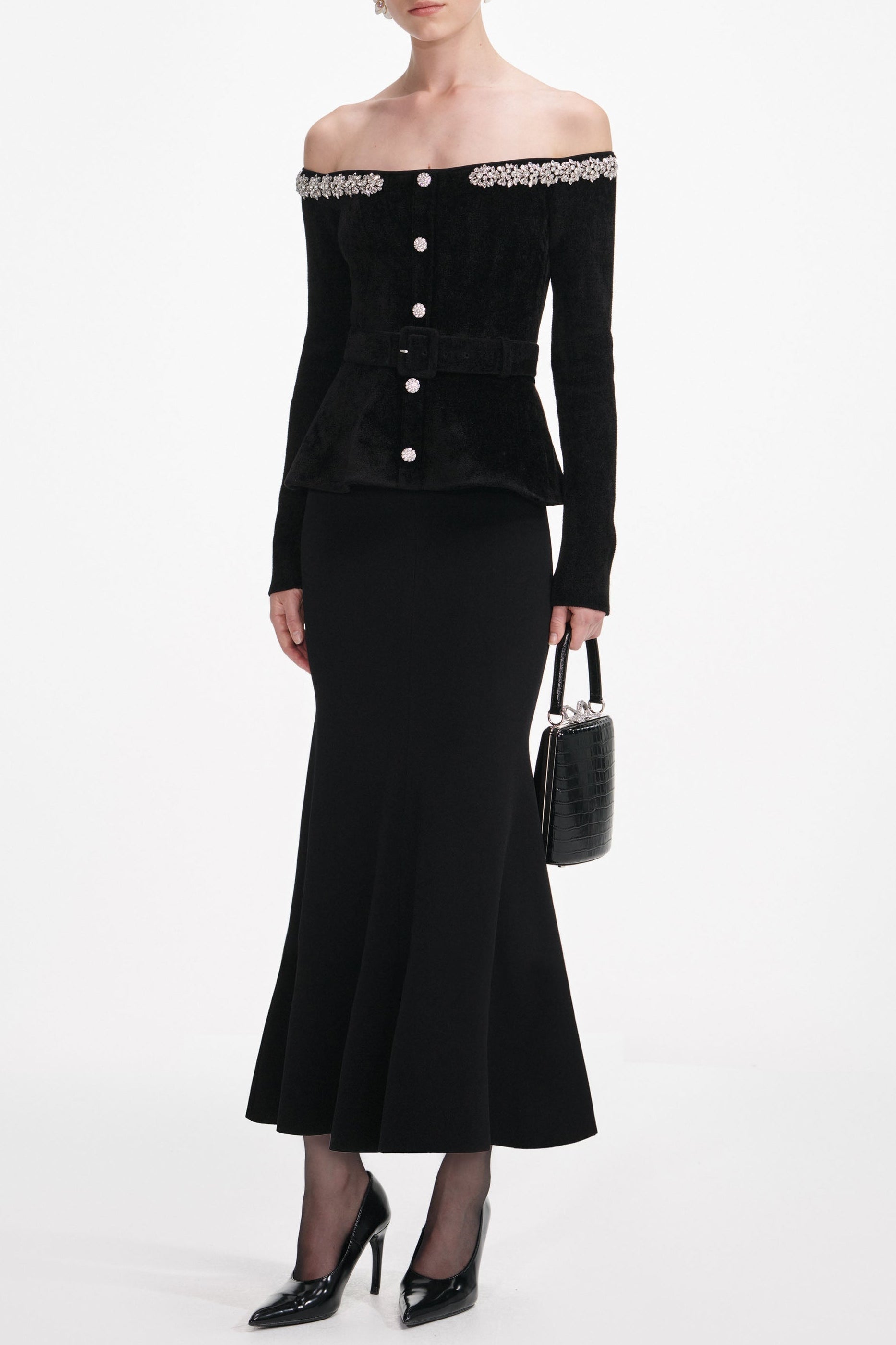 Xaviera Black Chenille Knit Crystal Trim Midi Dress Avalabel