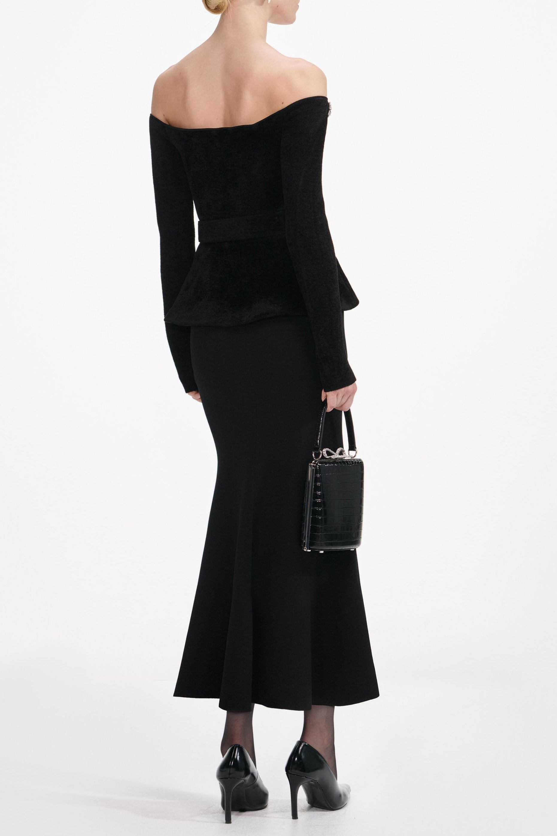 Xaviera Black Chenille Knit Crystal Trim Midi Dress Avalabel