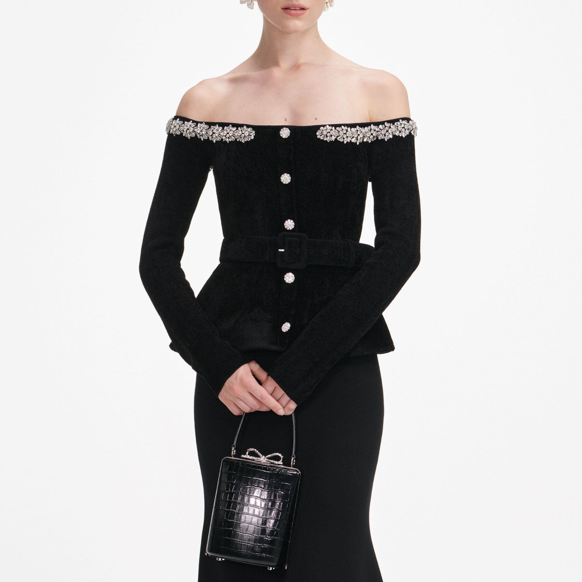 Xaviera Black Chenille Knit Crystal Trim Midi Dress Avalabel