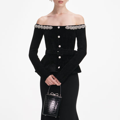 Xaviera Black Chenille Knit Crystal Trim Midi Dress