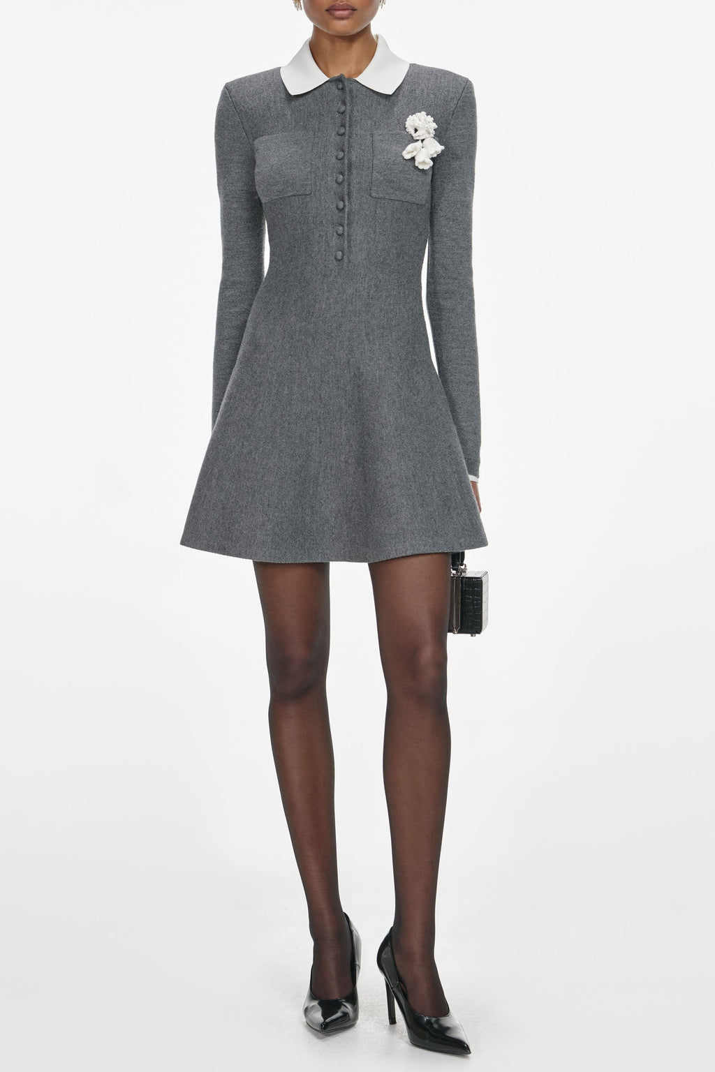 Winni Grey Crochet Flower Collared Knit Mini Dress Avalabel