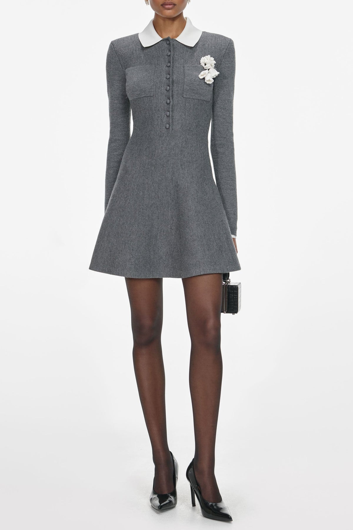 Winni Grey Crochet Flower Collared Knit Mini Dress Avalabel