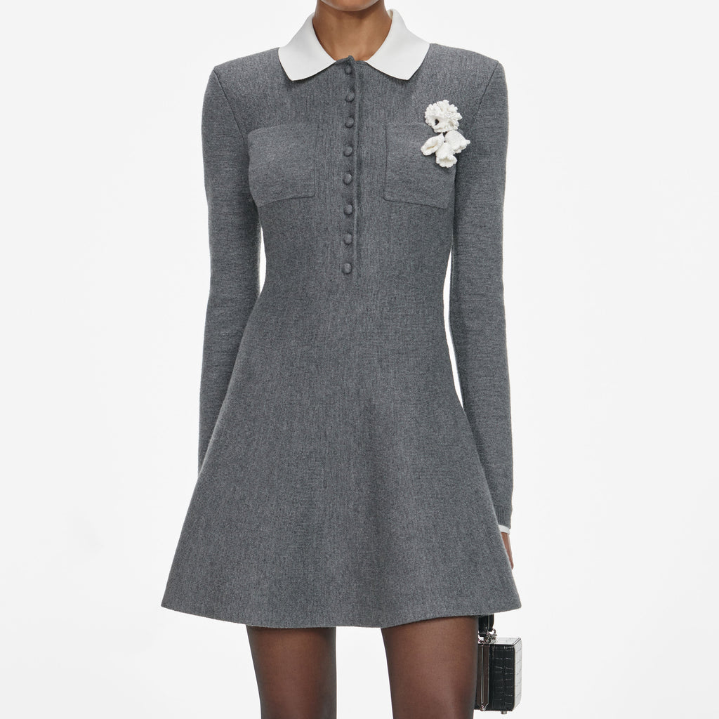 Winni Grey Crochet Flower Collared Knit Mini Dress Avalabel