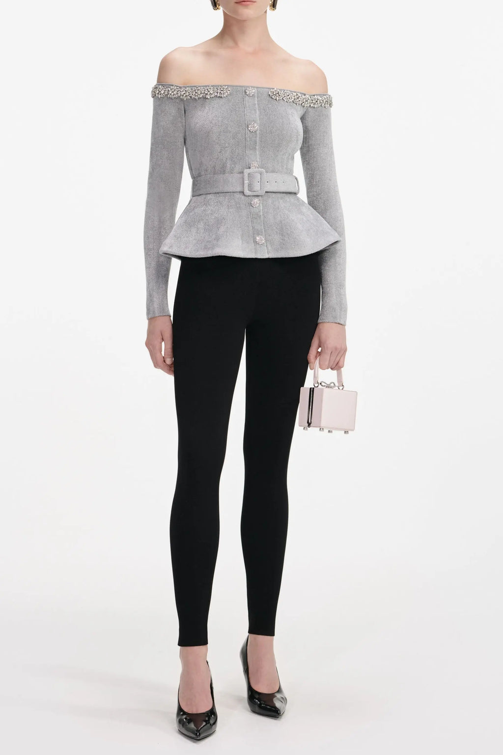 molly Grey Chenille Knit Crystal Trim Top Avalabel