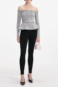 molly Grey Chenille Knit Crystal Trim Top Avalabel