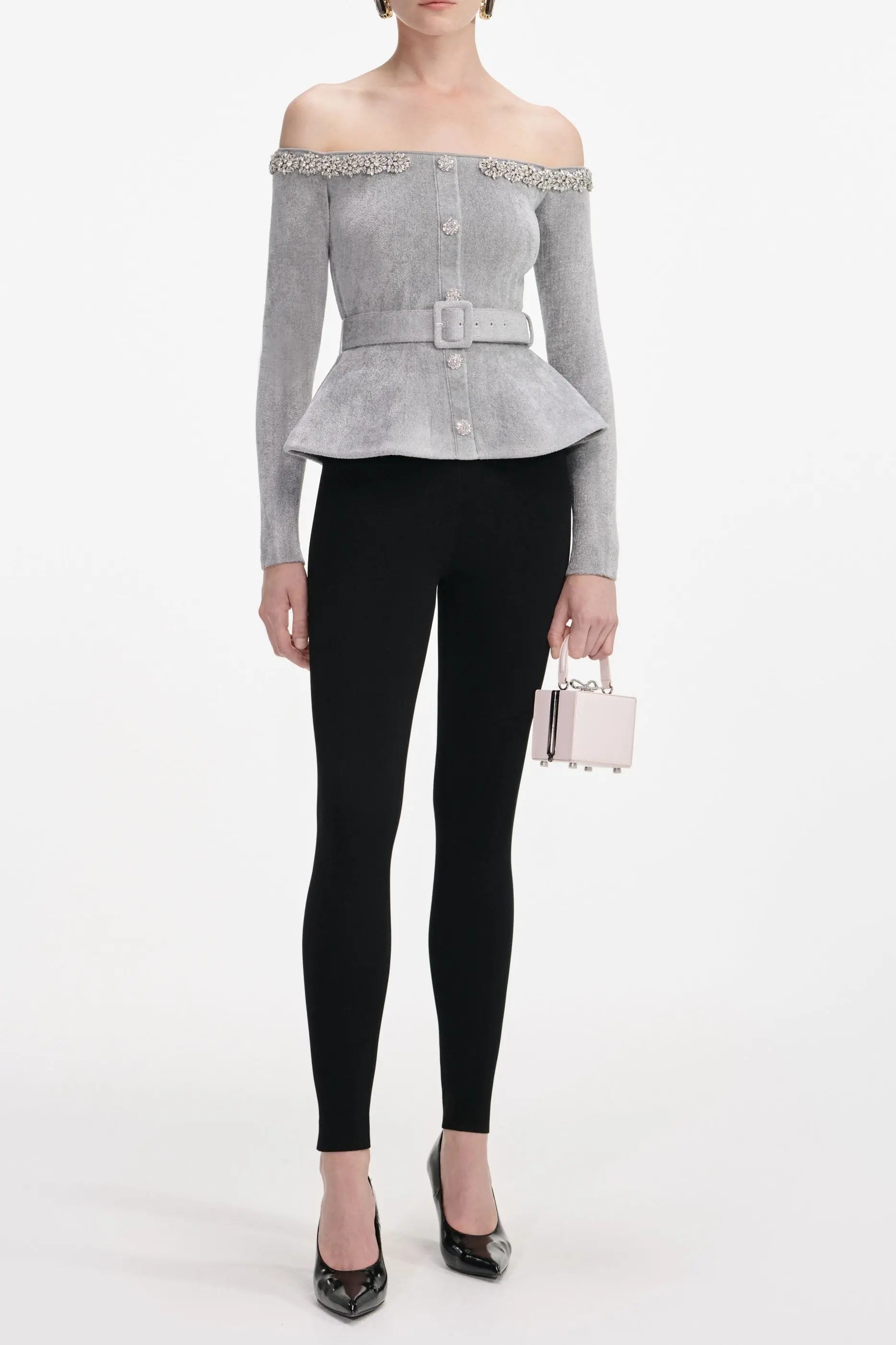 molly Grey Chenille Knit Crystal Trim Top Avalabel