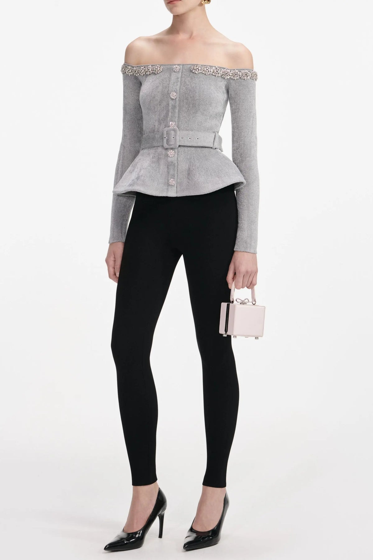 molly Grey Chenille Knit Crystal Trim Top Avalabel