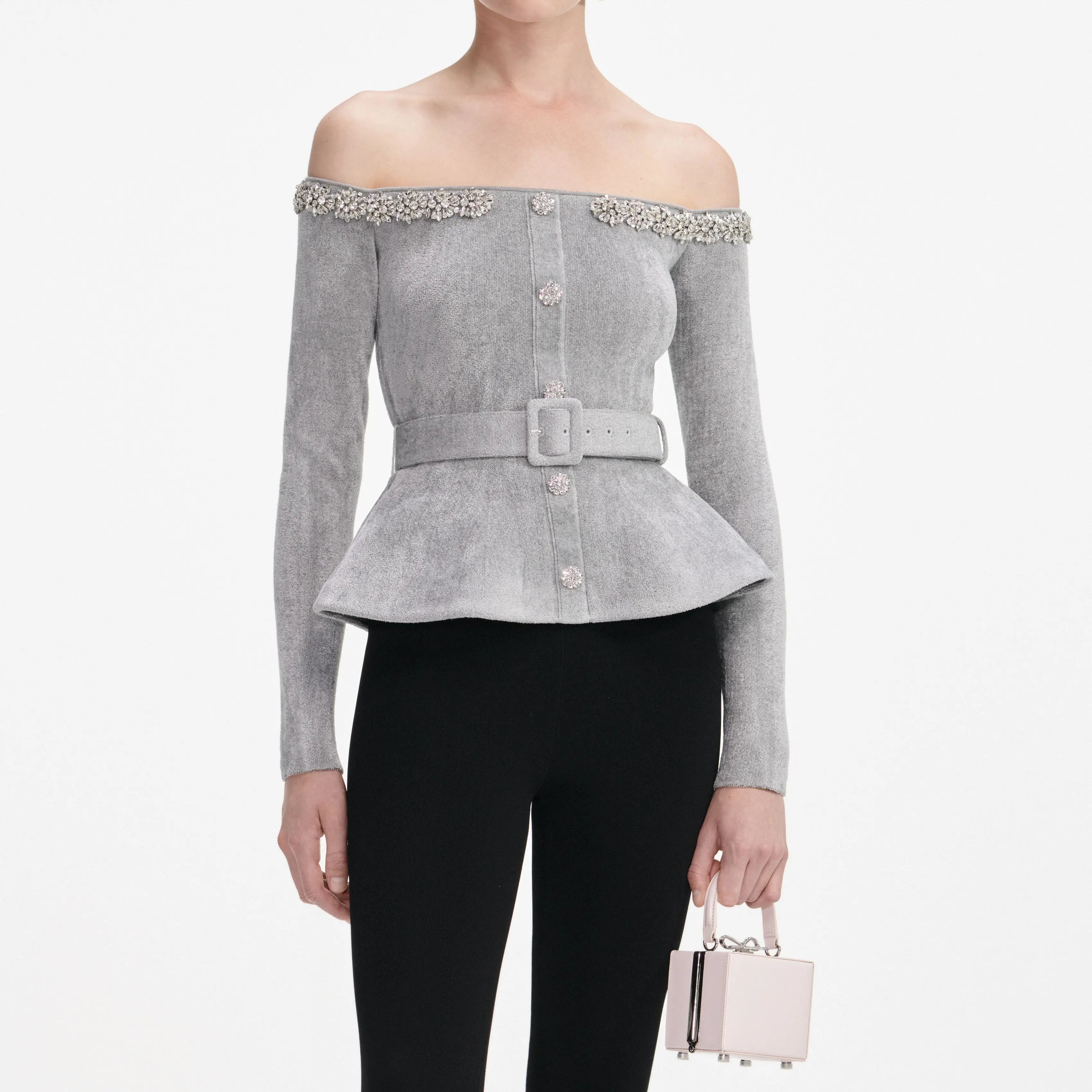 molly Grey Chenille Knit Crystal Trim Top Avalabel
