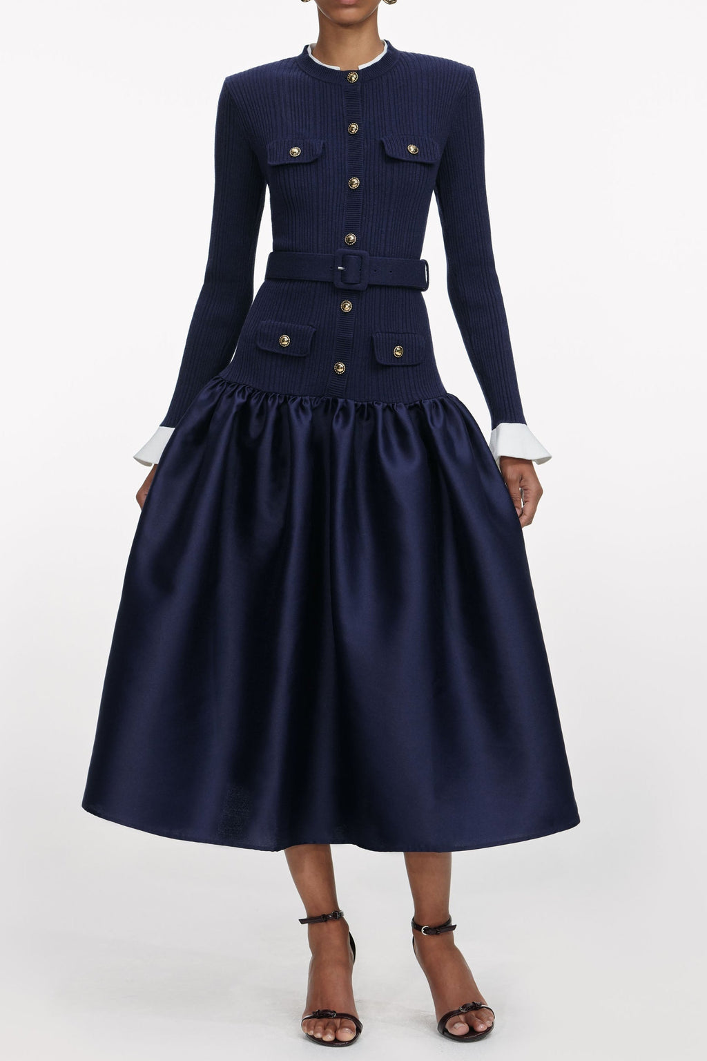 Jane Navy Knit Taffeta Midi Dress Avalabel