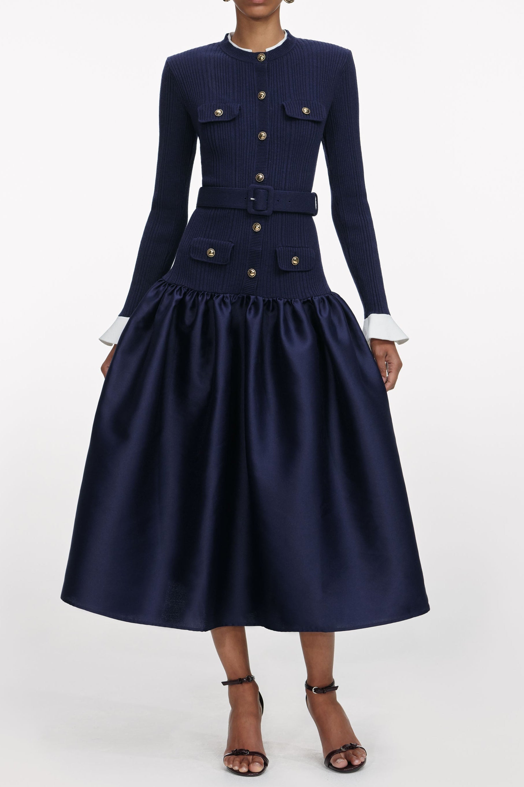 Jane Navy Knit Taffeta Midi Dress Avalabel