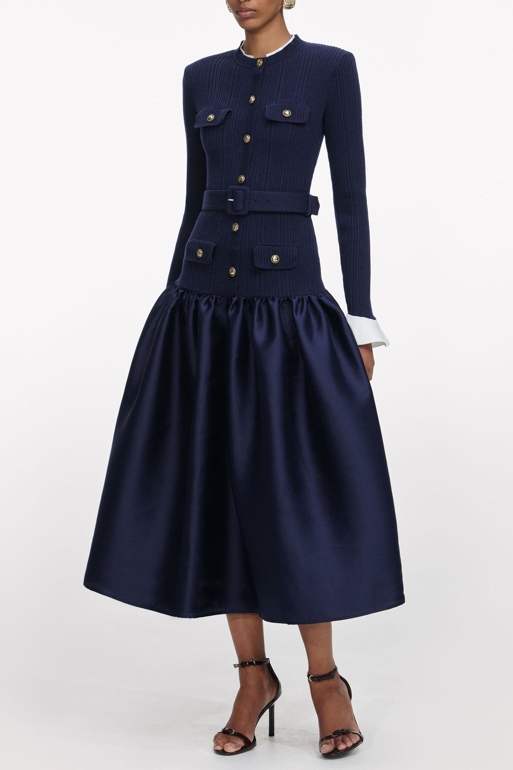Jane Navy Knit Taffeta Midi Dress Avalabel
