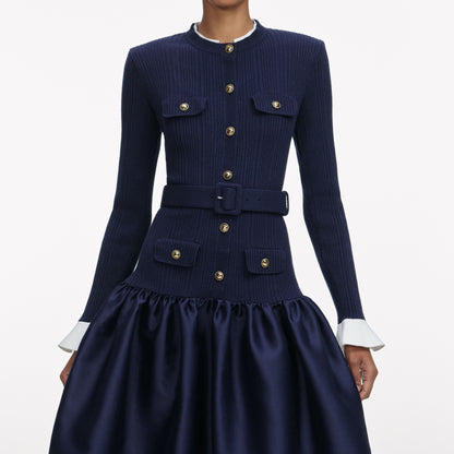 Jane Navy Knit Taffeta Midi Dress