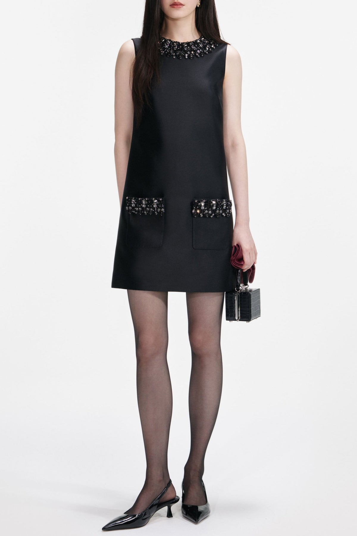 maggie Black Taffeta Embellished Trim Mini Dress Avalabel