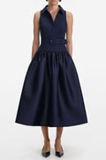 naomi Navy Belted Twill Midi Dress Avalabel