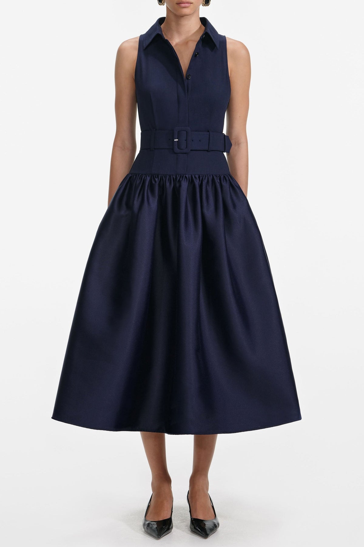 naomi Navy Belted Twill Midi Dress Avalabel