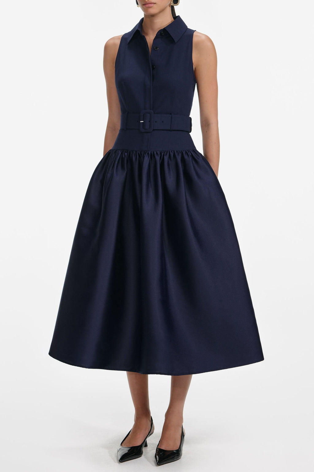 naomi Navy Belted Twill Midi Dress Avalabel