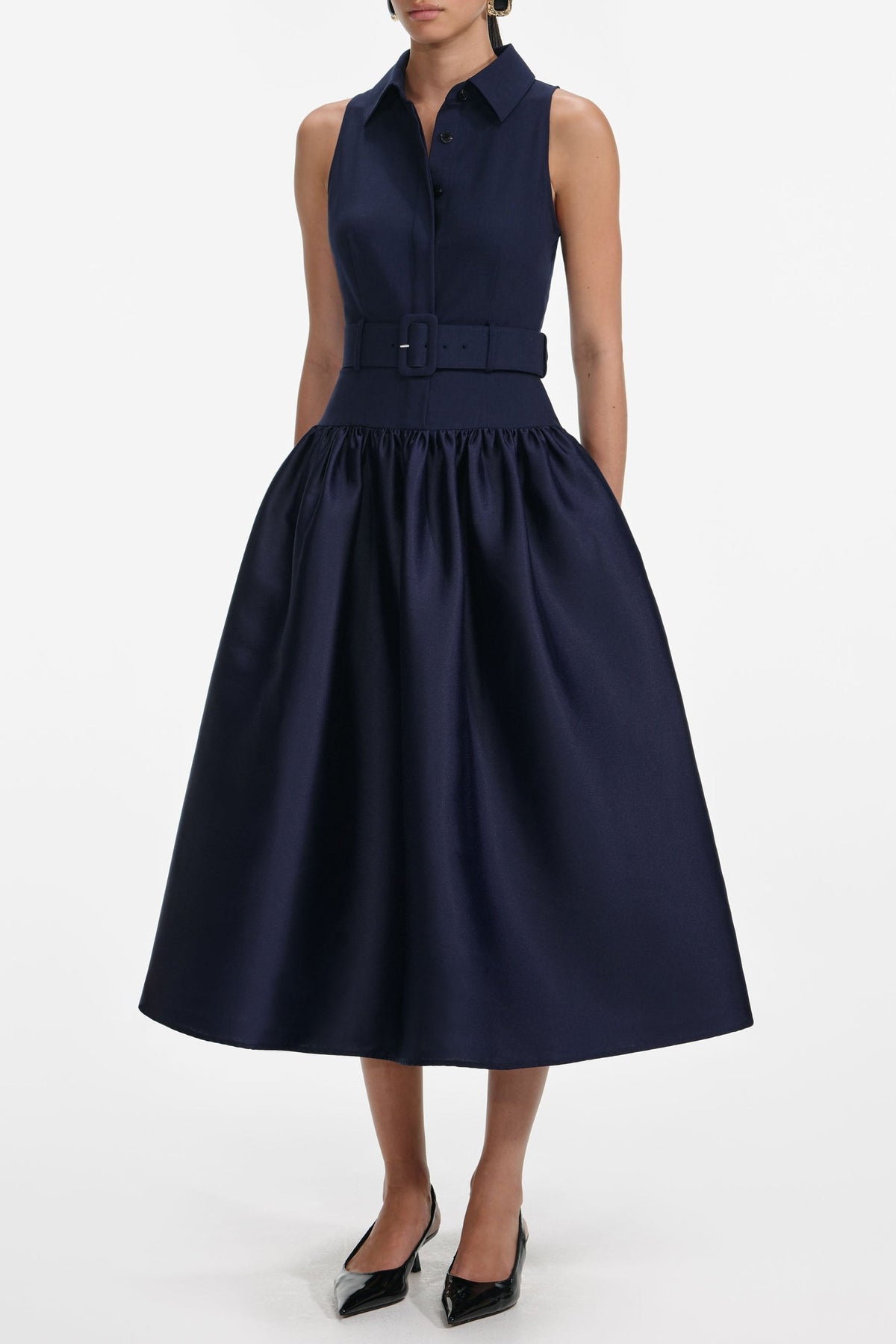 naomi Navy Belted Twill Midi Dress Avalabel