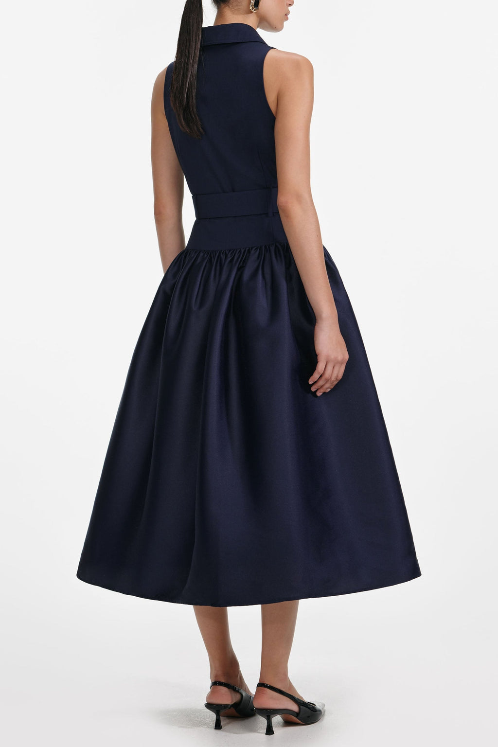 naomi Navy Belted Twill Midi Dress Avalabel
