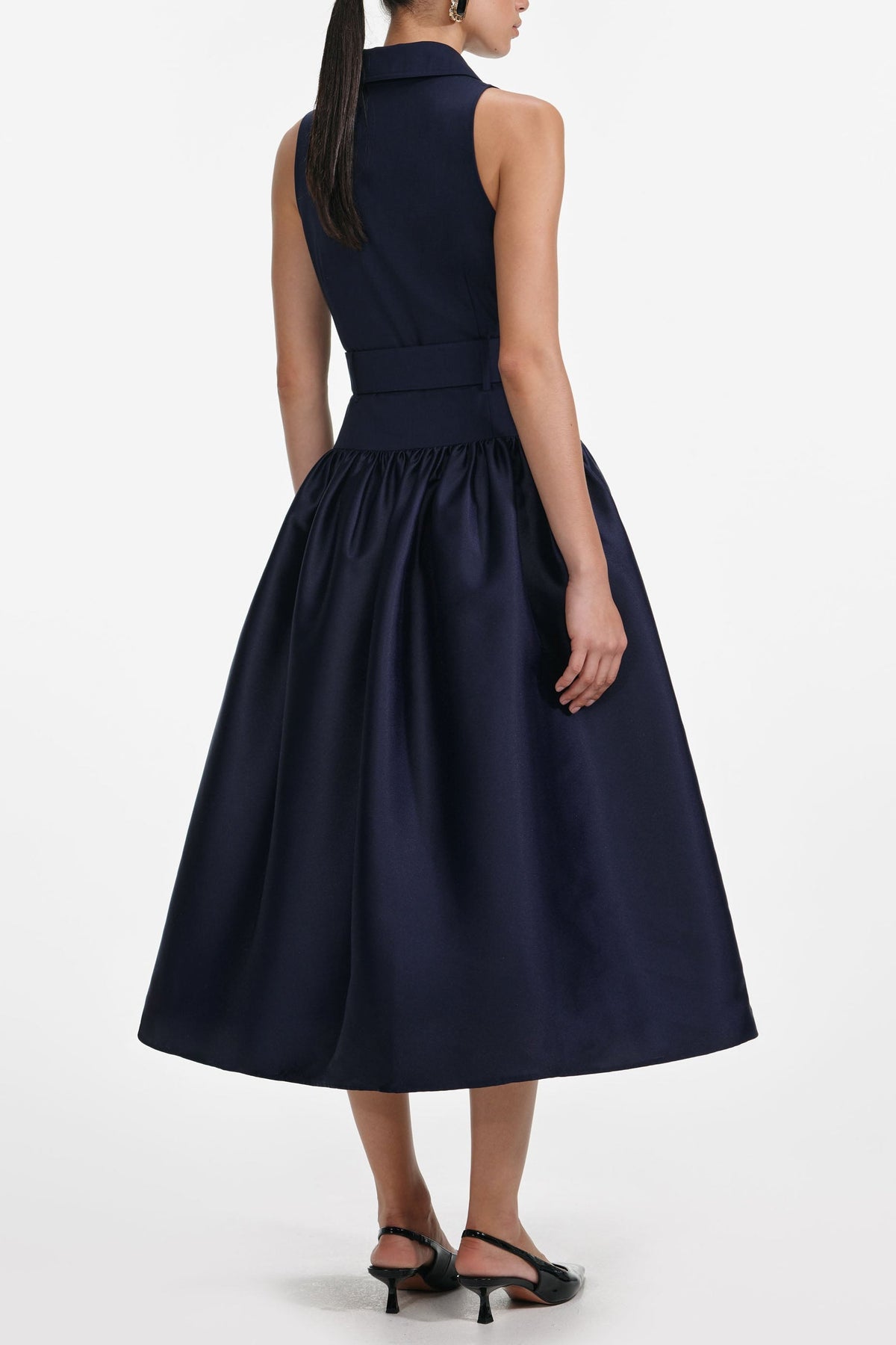 naomi Navy Belted Twill Midi Dress Avalabel