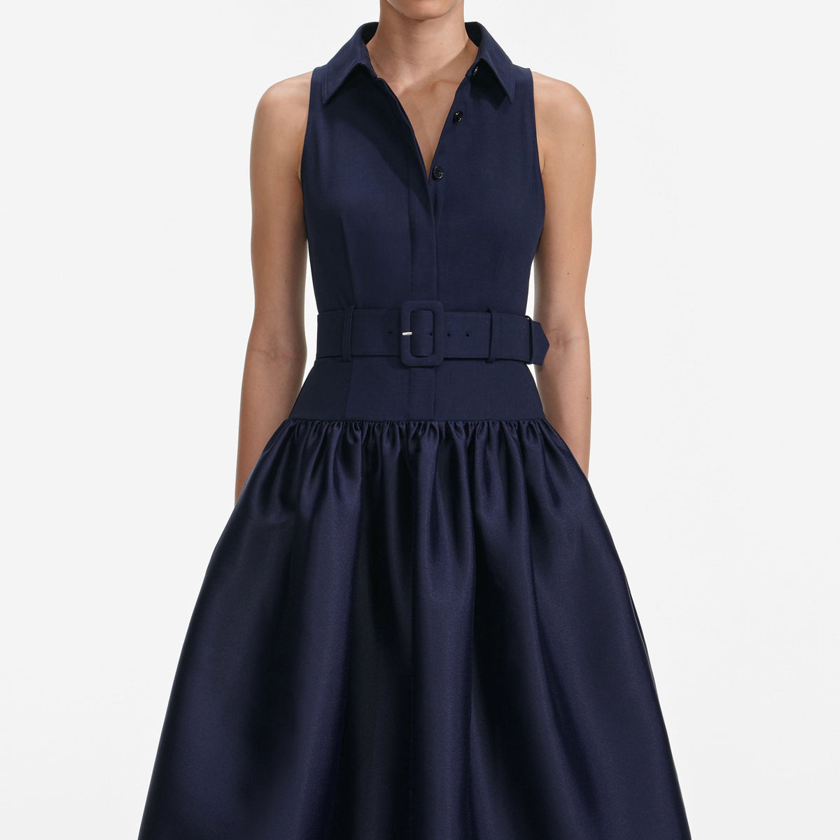 naomi Navy Belted Twill Midi Dress Avalabel