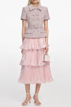 beulah Pink Boucle Metallic Tiered Midi Dress Avalabel