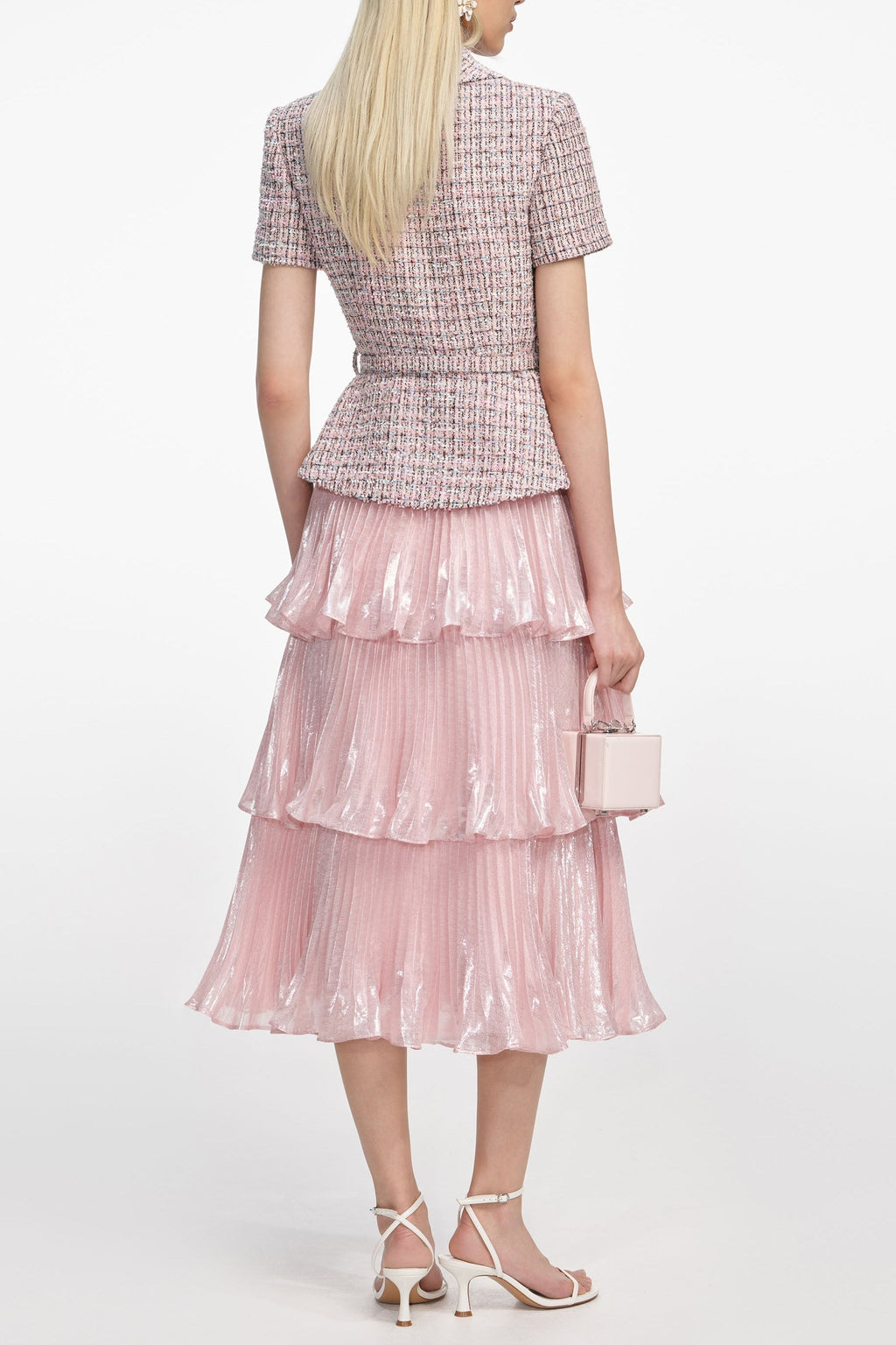 beulah Pink Boucle Metallic Tiered Midi Dress Avalabel