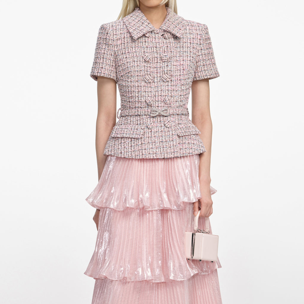 beulah Pink Boucle Metallic Tiered Midi Dress Avalabel