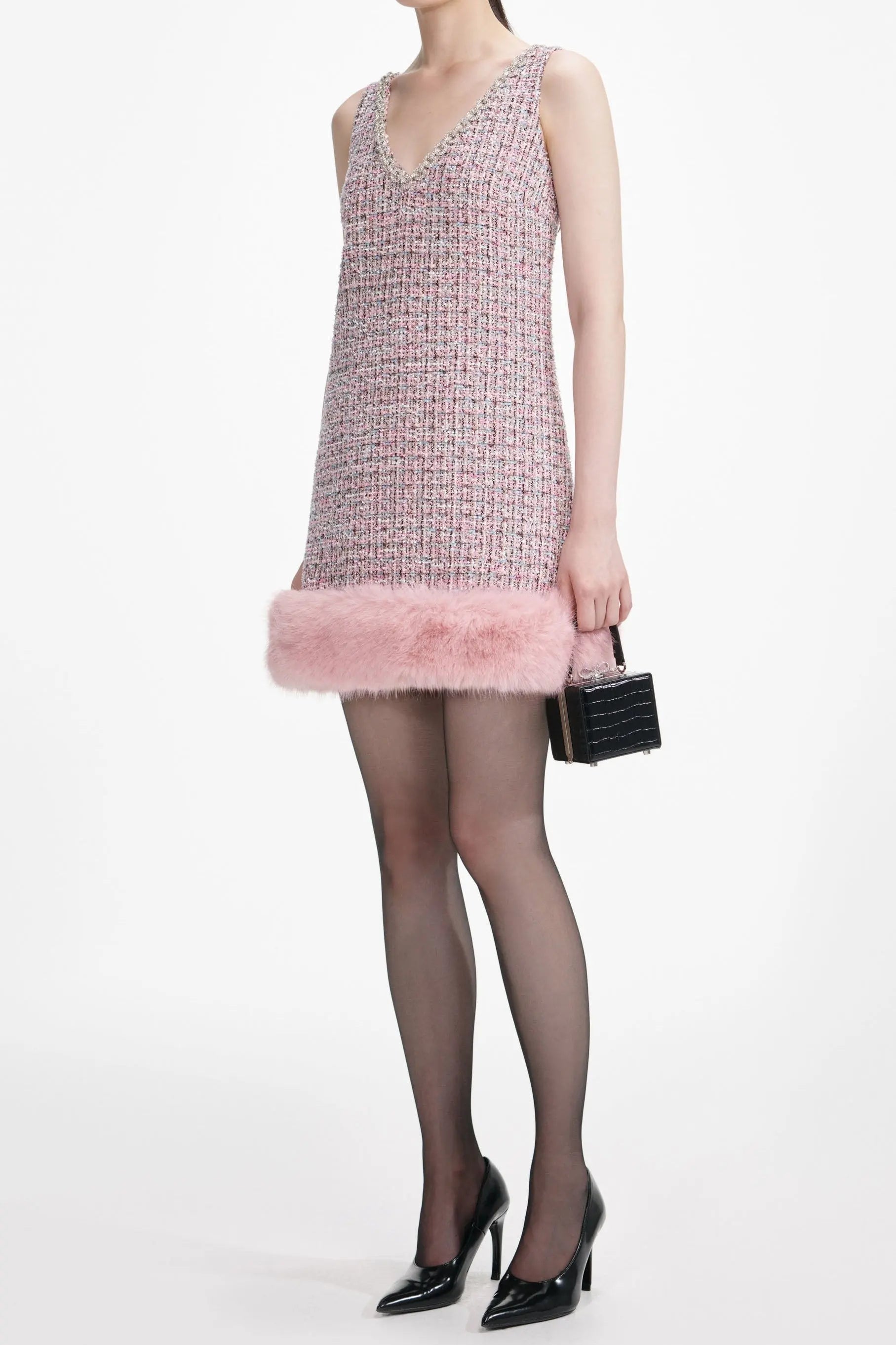 rosemary Pink Boucle Fur Hem Mini Dress Avalabel