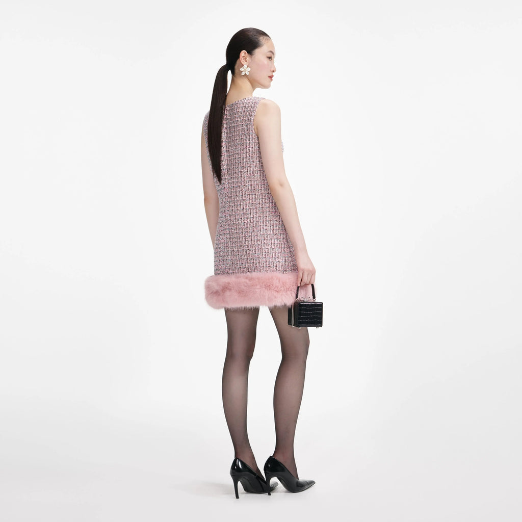 rosemary Pink Boucle Fur Hem Mini Dress Avalabel
