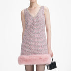 rosemary Pink Boucle Fur Hem Mini Dress Avalabel