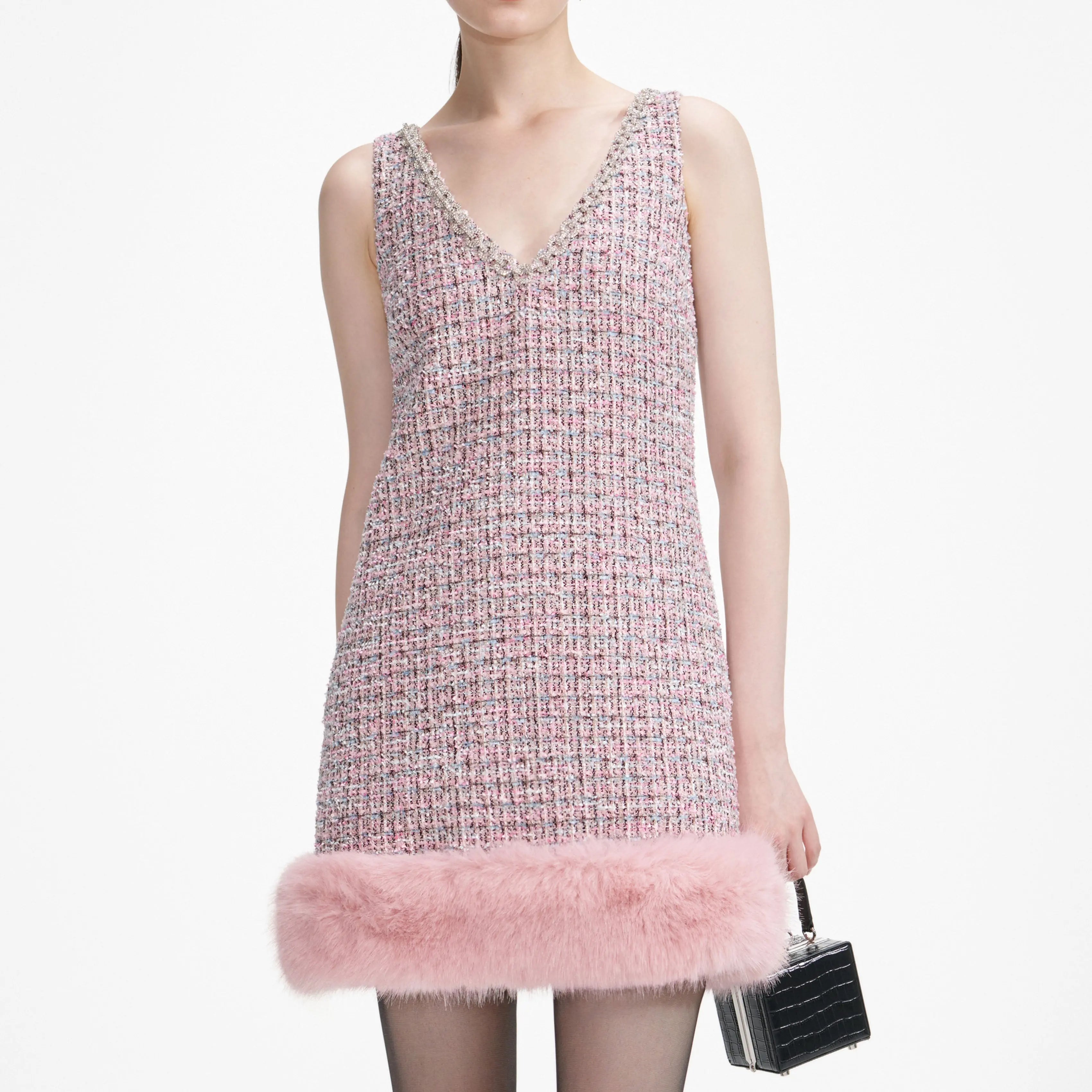 rosemary Pink Boucle Fur Hem Mini Dress Avalabel