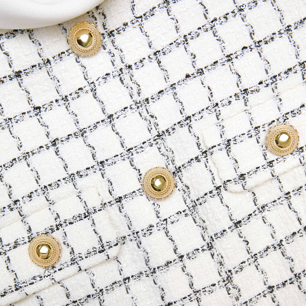 Decorative Buttons Check Mini Dress in White Avalabel