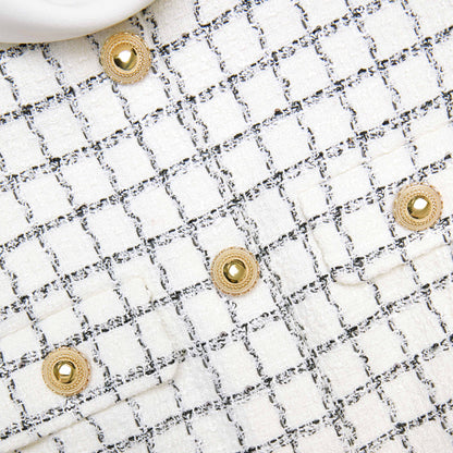Decorative Buttons Check Mini Dress in White