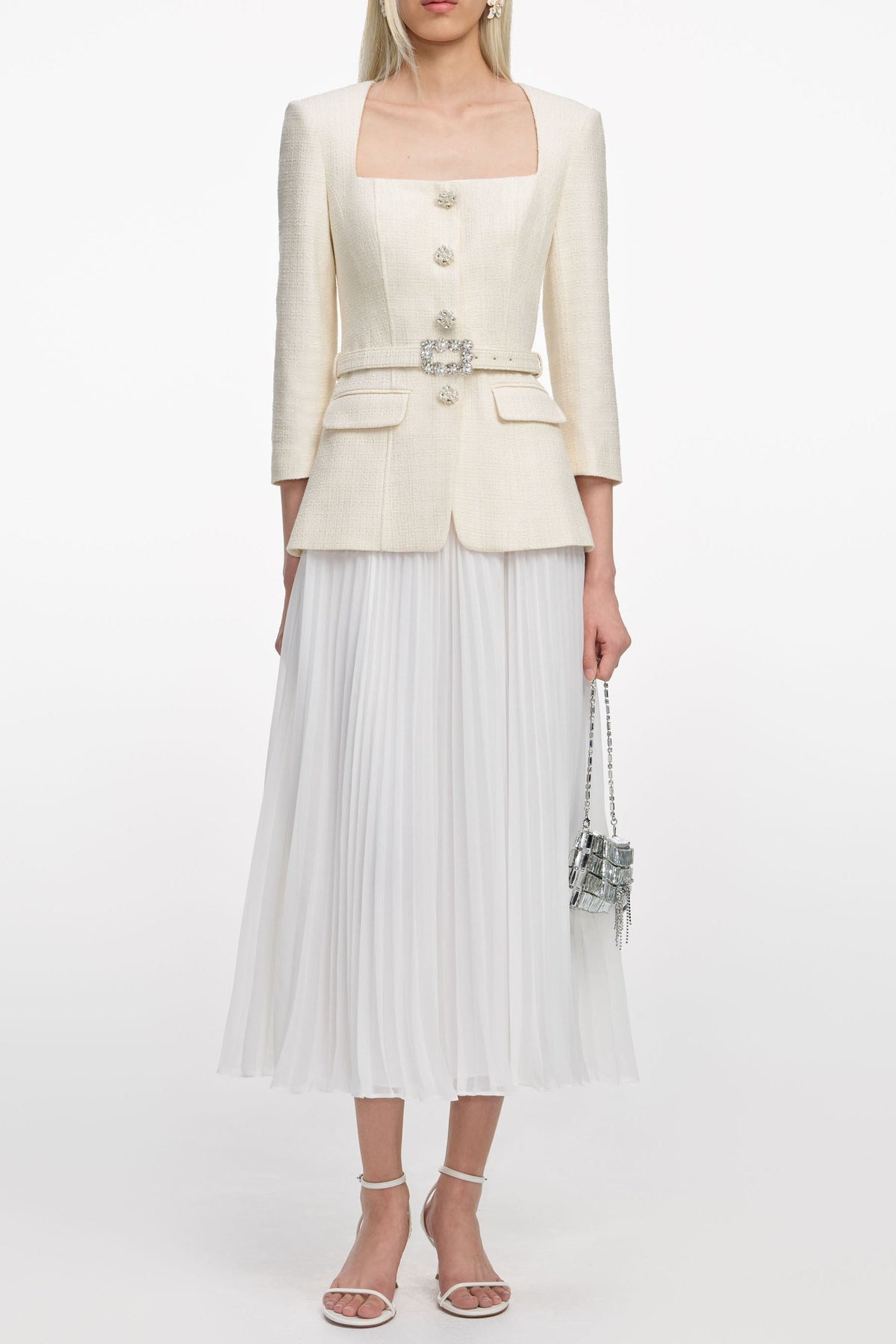 yuri Cream Boucle Long Sleeve Chiffon Midi Dress Avalabel