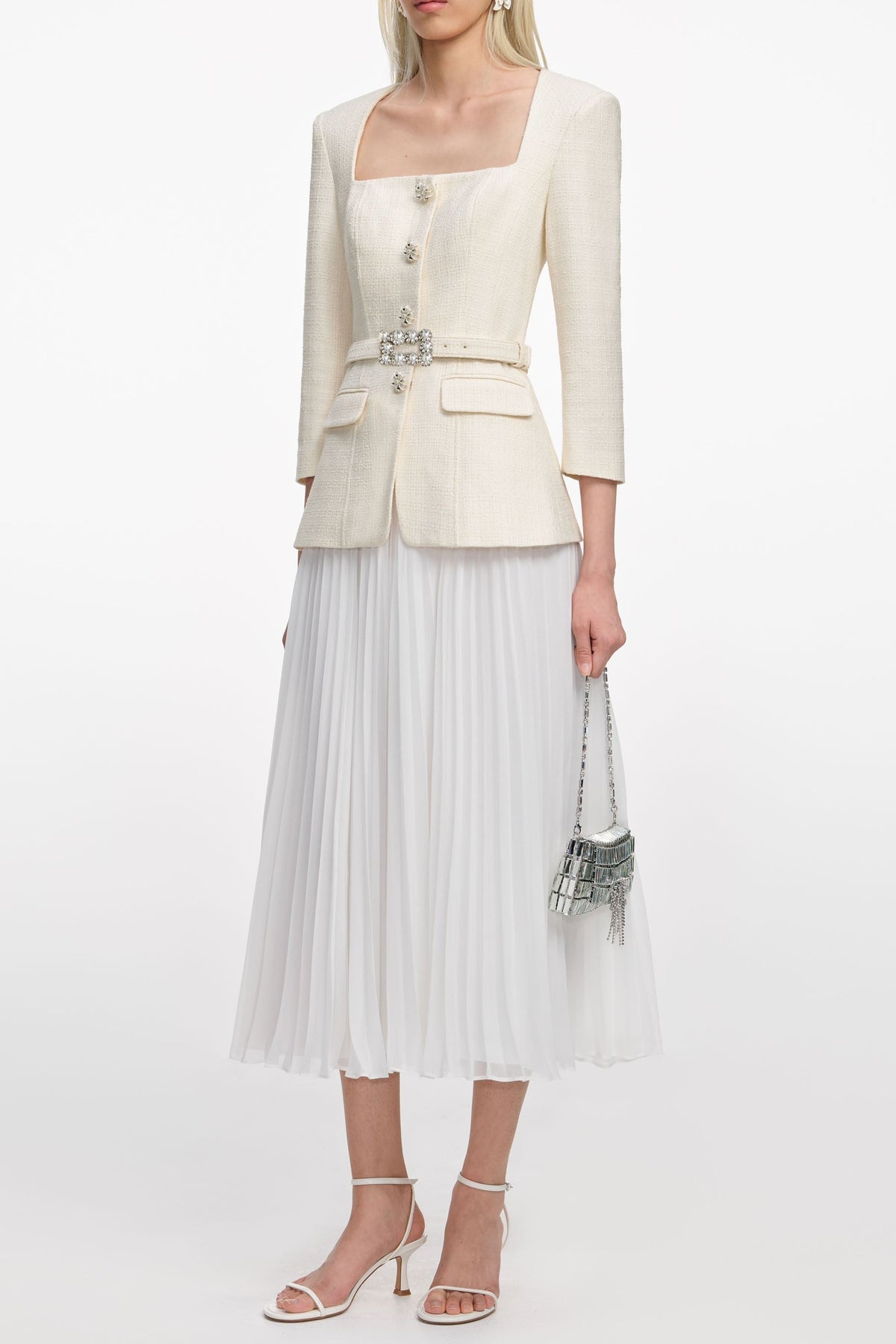 yuri Cream Boucle Long Sleeve Chiffon Midi Dress Avalabel