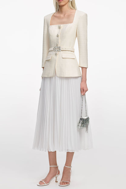 yuri Cream Boucle Long Sleeve Chiffon Midi Dress